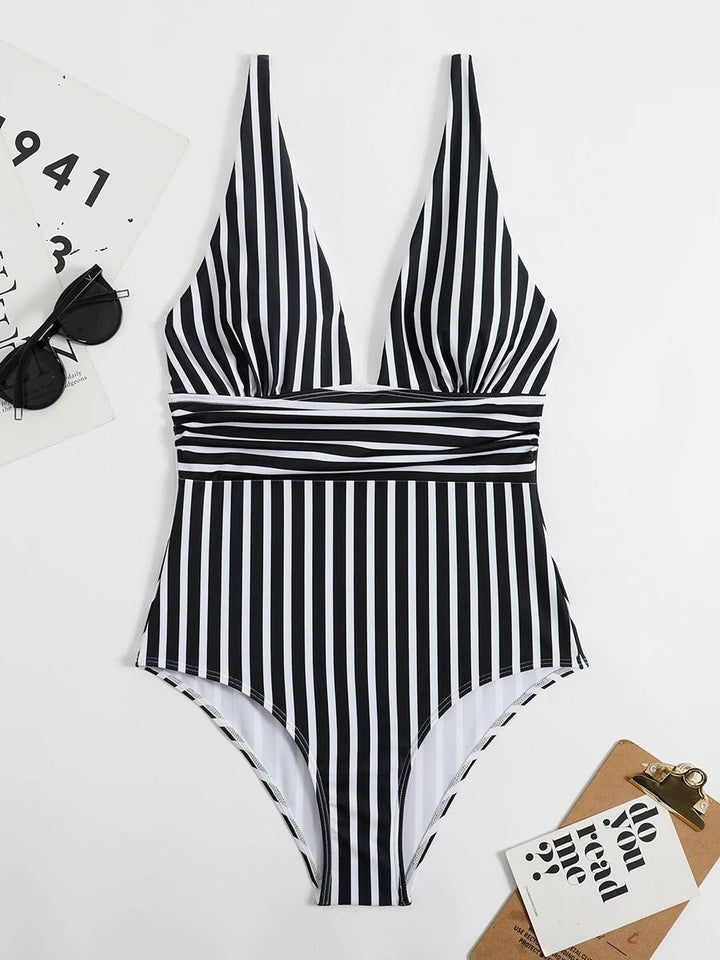 Striped One - Piece Swimsuit – Sleek Stretch Swimwear for Women 2025 - VeauBeauty