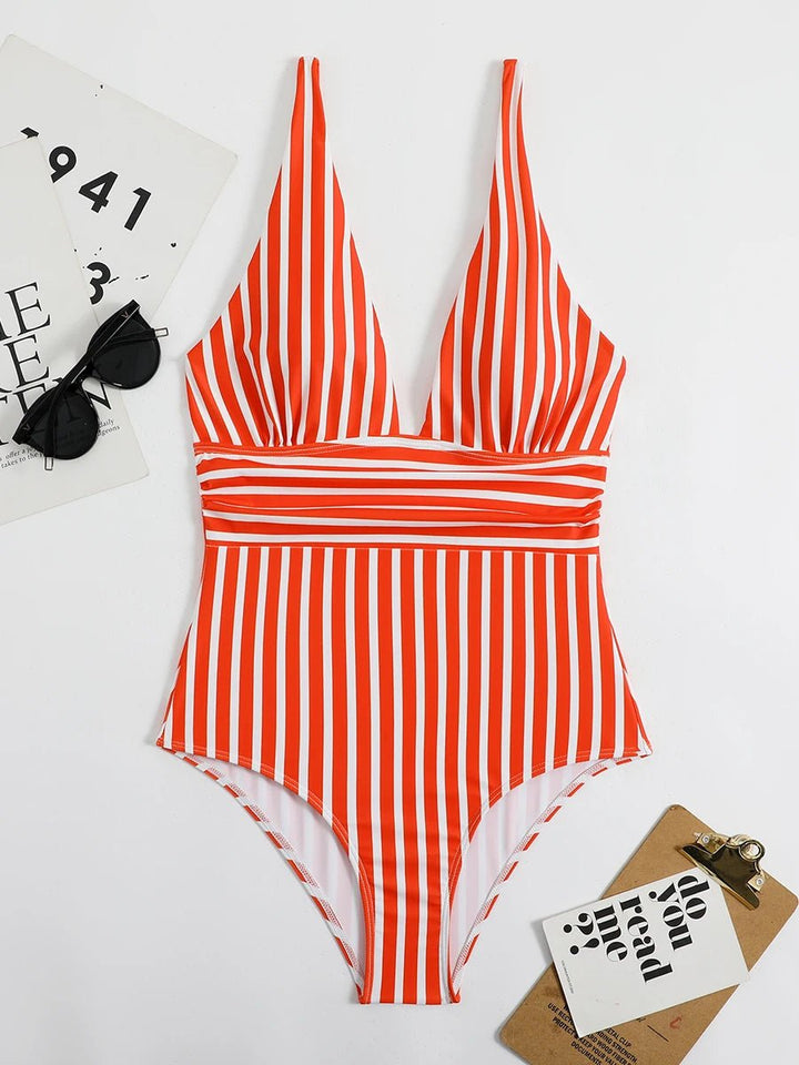 Striped One - Piece Swimsuit – Sleek Stretch Swimwear for Women 2025 - VeauBeauty