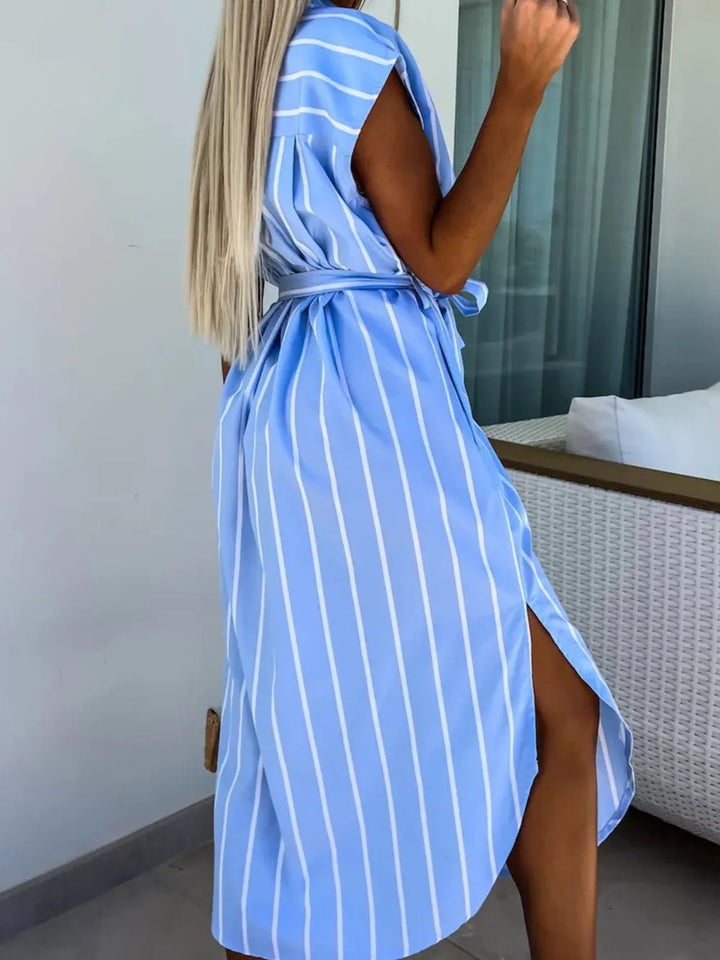 Striped Tie Waist Short Sleeve Dress - VeauBeauty