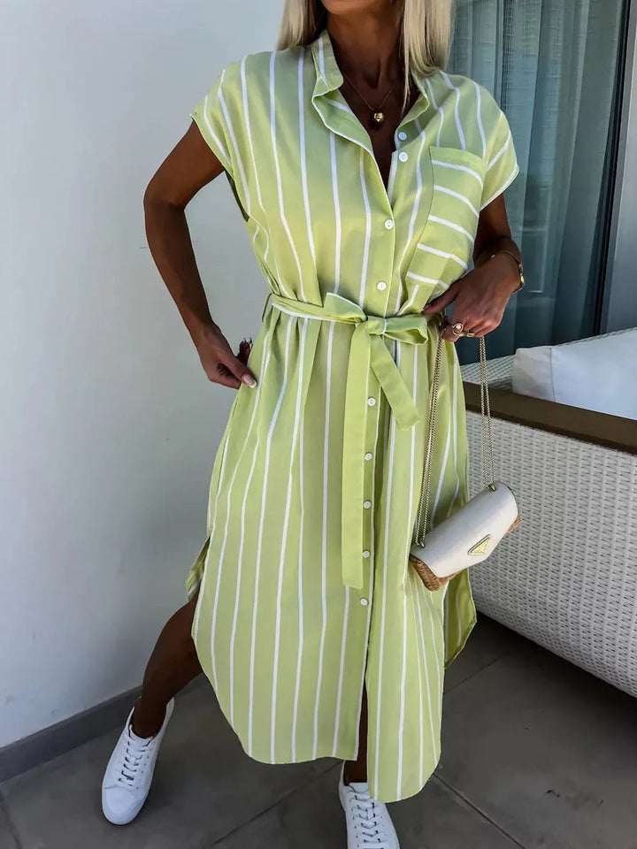 Striped Tie Waist Short Sleeve Dress - VeauBeauty