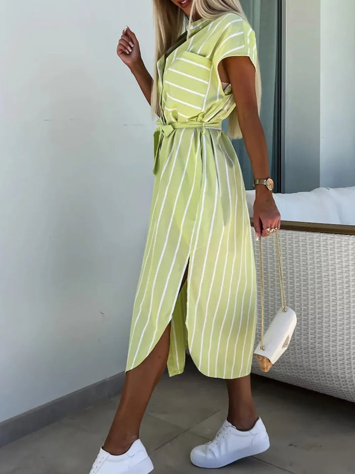 Striped Tie Waist Short Sleeve Dress - VeauBeauty