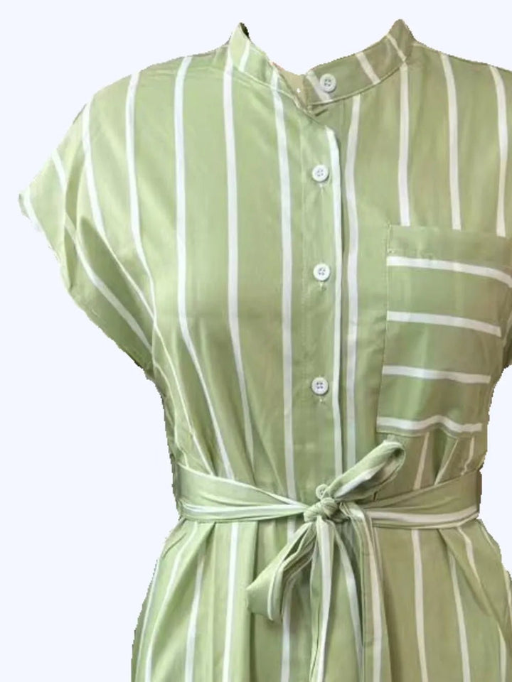 Striped Tie Waist Short Sleeve Dress - VeauBeauty