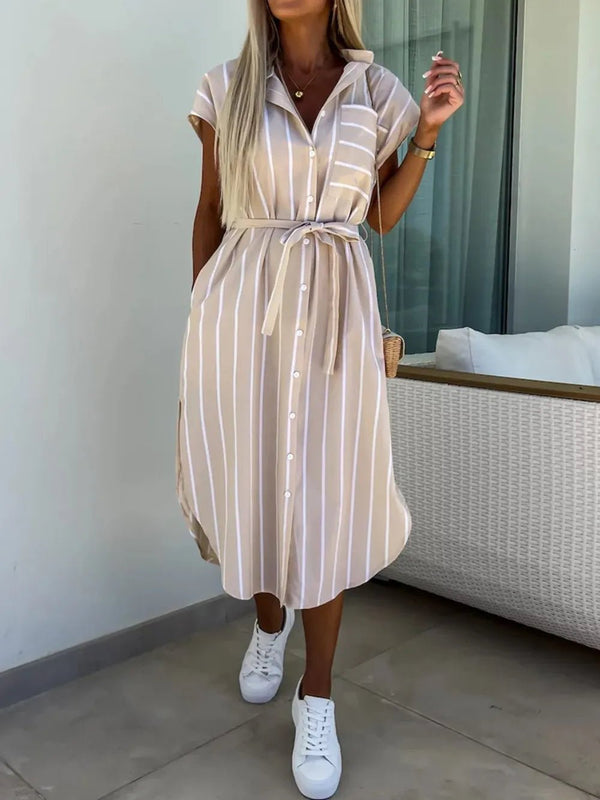 Striped Tie Waist Short Sleeve Dress - VeauBeauty
