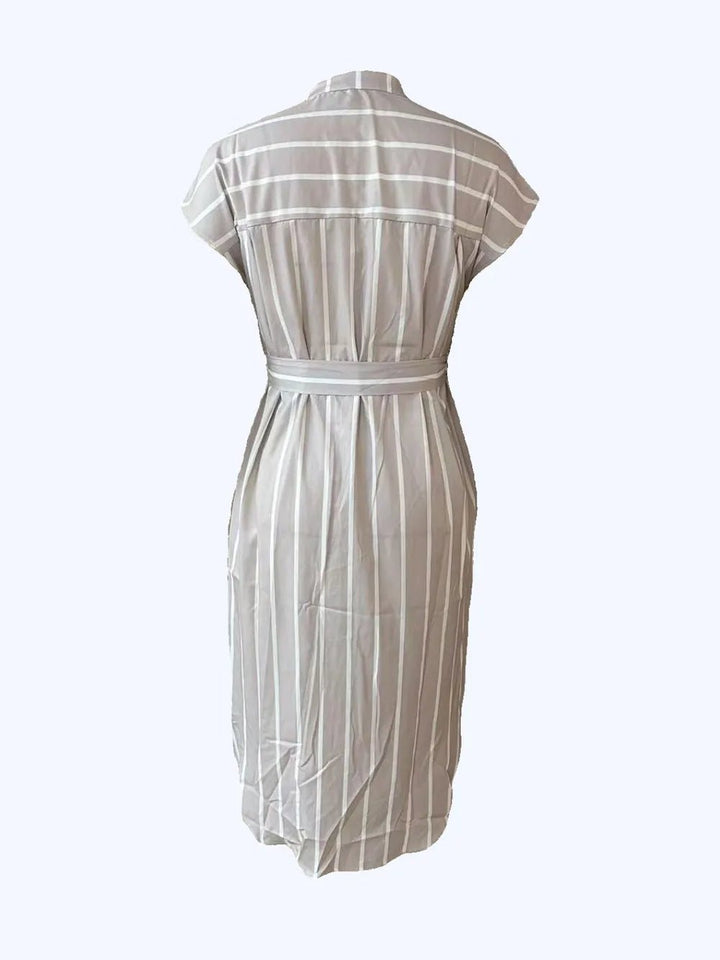 Striped Tie Waist Short Sleeve Dress - VeauBeauty