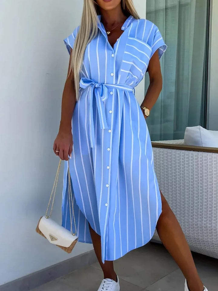 Striped Tie Waist Short Sleeve Dress - VeauBeauty
