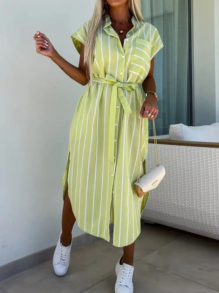Striped Tie Waist Short Sleeve Dress - VeauBeauty