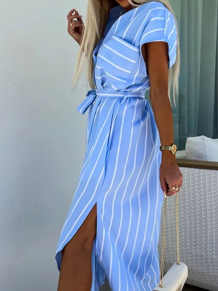 Striped Tie Waist Short Sleeve Dress - VeauBeauty