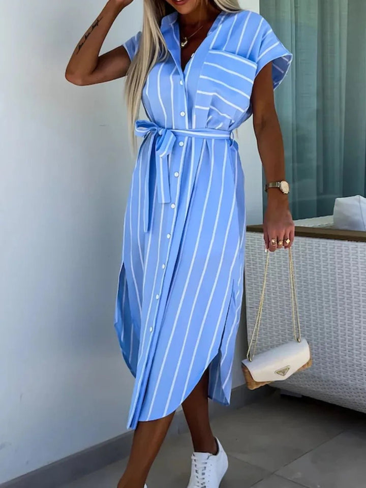 Striped Tie Waist Short Sleeve Dress - VeauBeauty