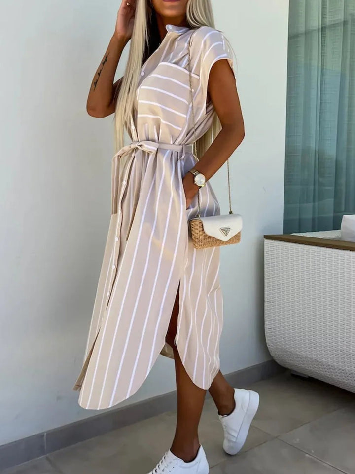Striped Tie Waist Short Sleeve Dress - VeauBeauty