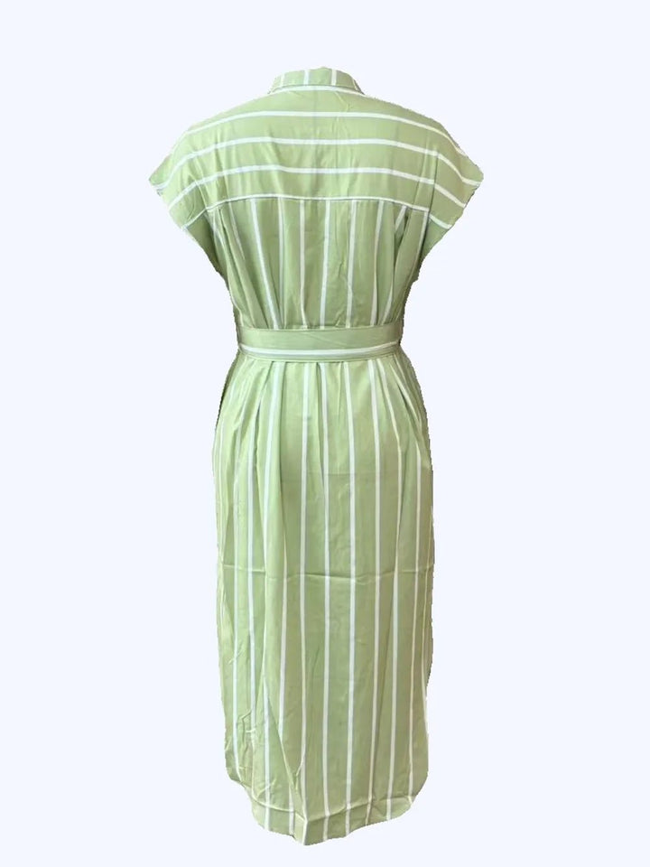 Striped Tie Waist Short Sleeve Dress - VeauBeauty