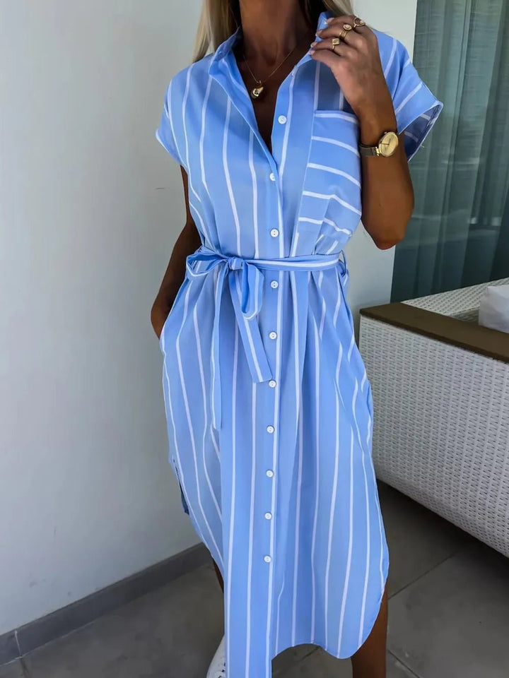 Striped Tie Waist Short Sleeve Dress - VeauBeauty