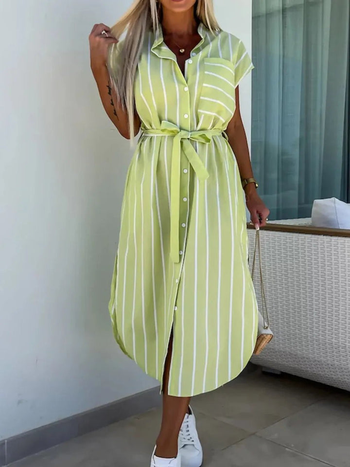 Striped Tie Waist Short Sleeve Dress - VeauBeauty