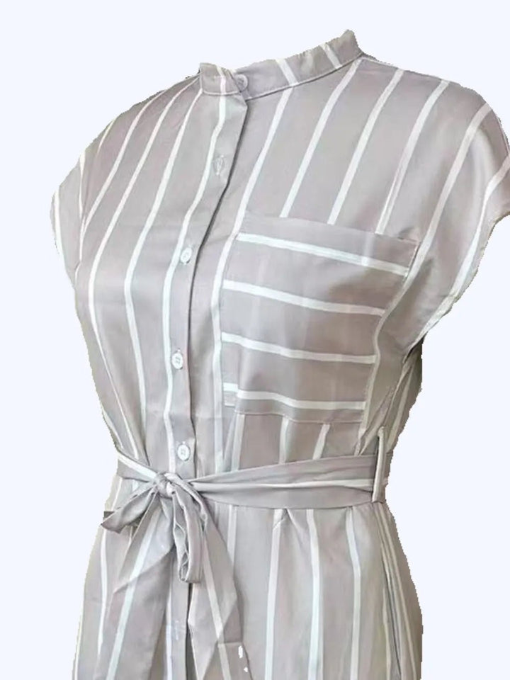 Striped Tie Waist Short Sleeve Dress - VeauBeauty