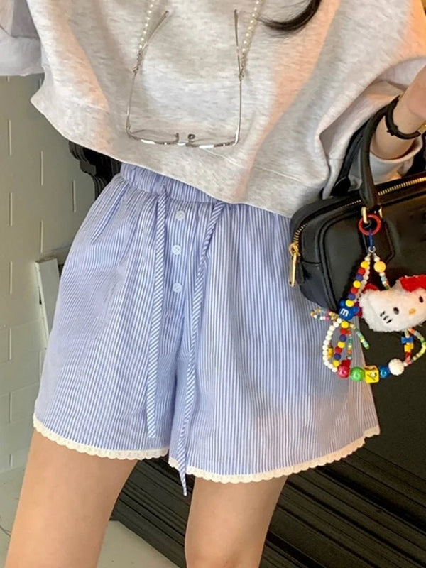 Summer Stripe Drawstring Shorts – High Waist Lace Trim Wide Leg Pants - VeauBeauty
