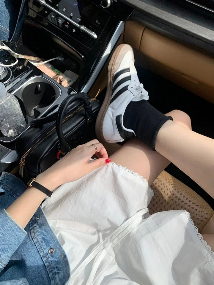 Summer Stripe Drawstring Shorts – High Waist Lace Trim Wide Leg Pants - VeauBeauty
