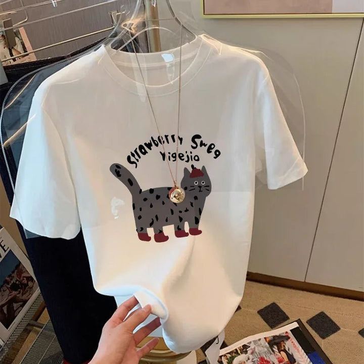 Summer White Cotton Loose Fit Korean T-Shirt for Women - VeauBeauty