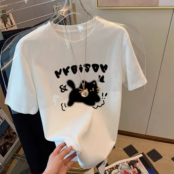 Summer White Cotton Loose Fit Korean T-Shirt for Women - VeauBeauty