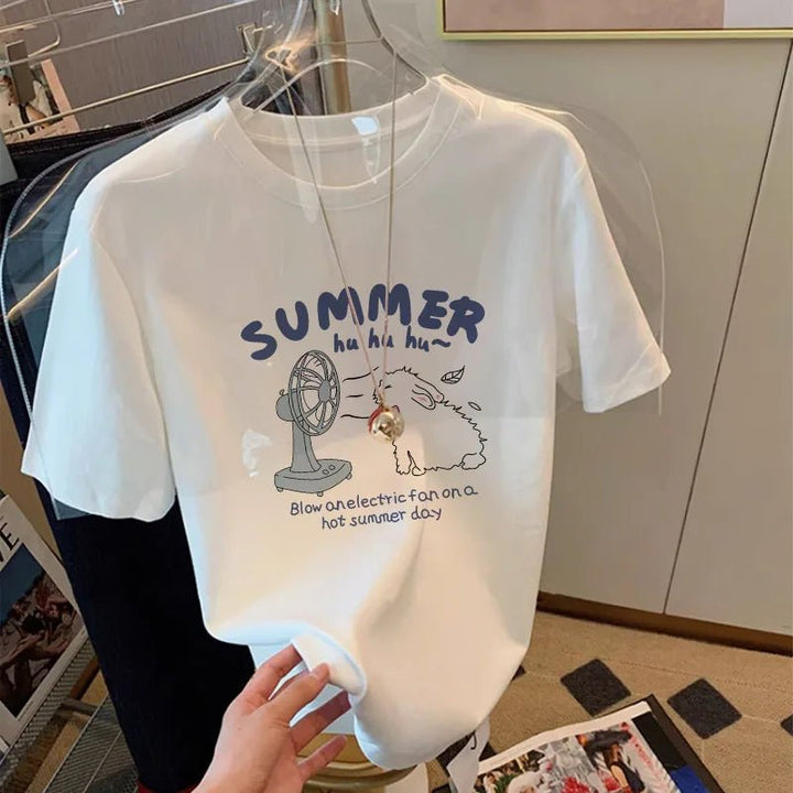 Summer White Cotton Loose Fit Korean T-Shirt for Women - VeauBeauty