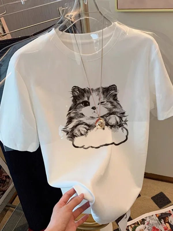 Summer White Cotton Loose Fit Korean T-Shirt for Women - VeauBeauty