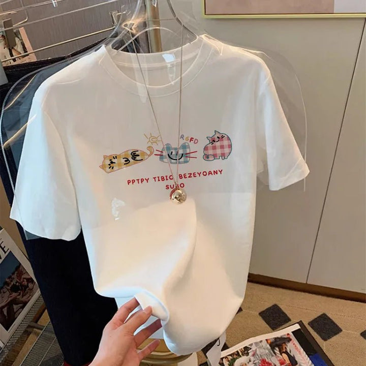 Summer White Cotton Loose Fit Korean T-Shirt for Women - VeauBeauty