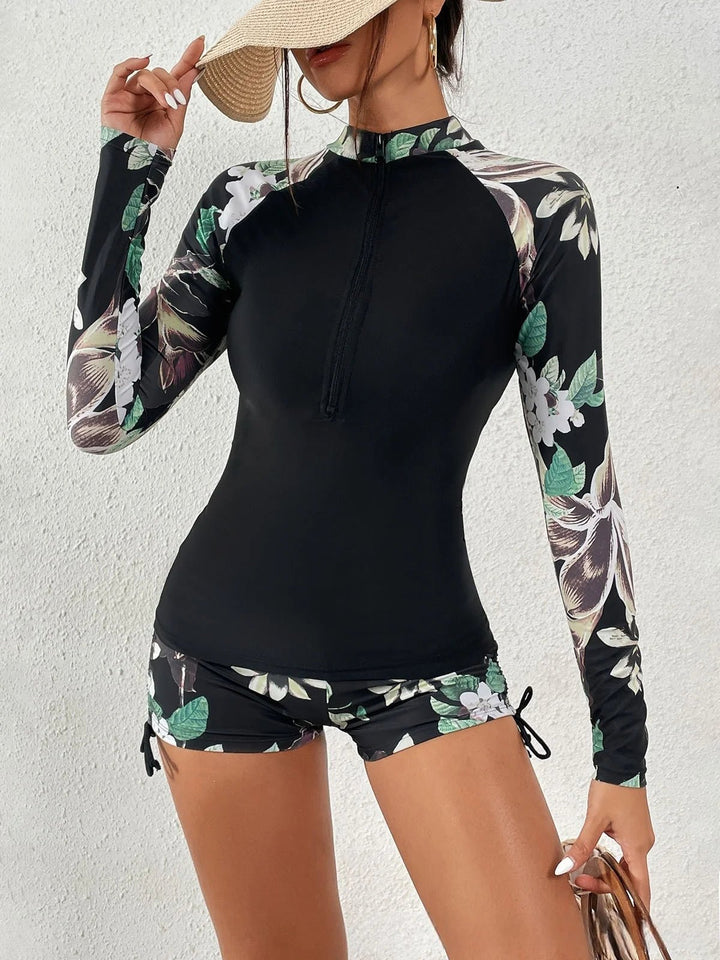 SunShell Floral Zip Rashguard – 2025 Long Sleeve Surf Bikini Set - VeauBeauty
