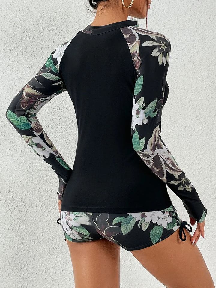 SunShell Floral Zip Rashguard – 2025 Long Sleeve Surf Bikini Set - VeauBeauty