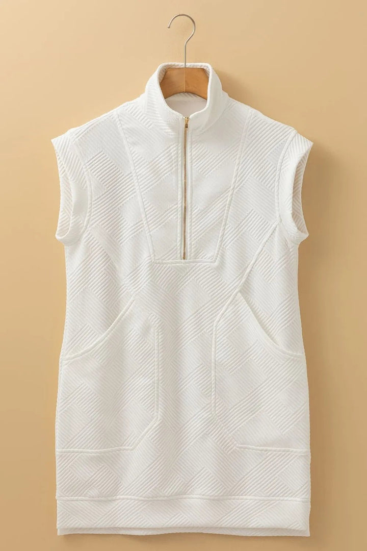 Textured Half Zip Collared Cap Sleeve Mini Dress - VeauBeauty