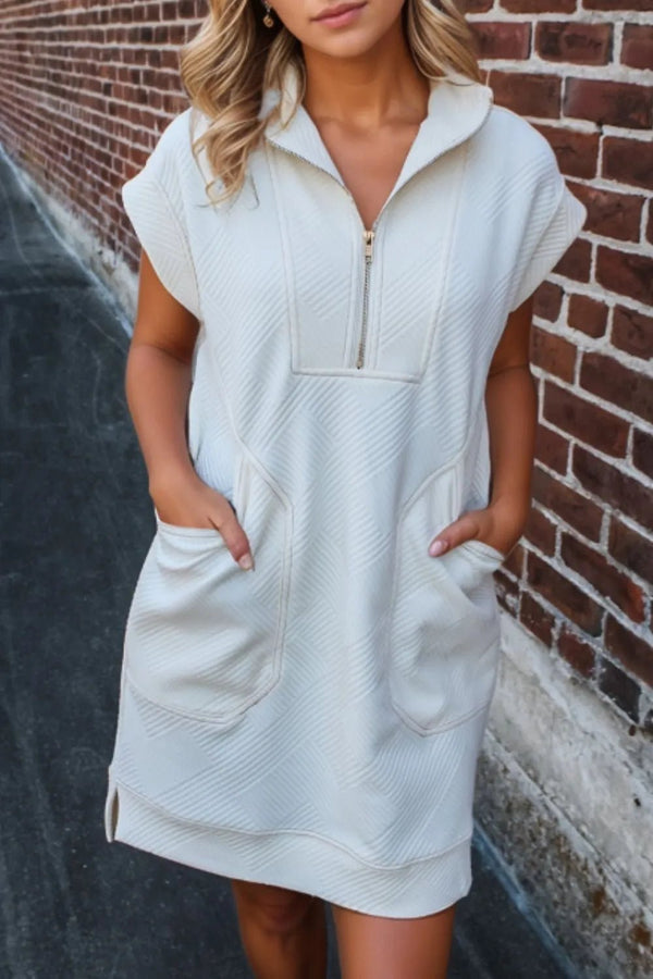 Textured Half Zip Collared Cap Sleeve Mini Dress - VeauBeauty