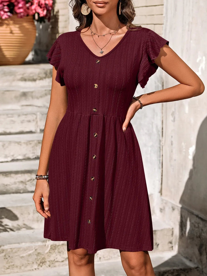 V - Neck Ruffled Cap Sleeve Dress - VeauBeauty