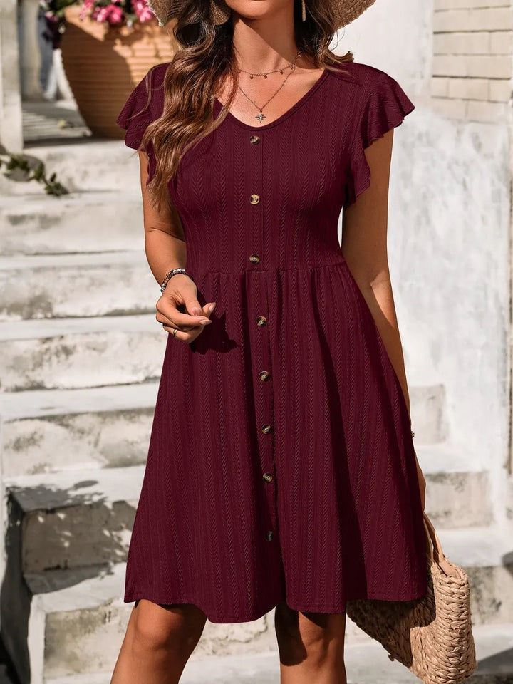 V - Neck Ruffled Cap Sleeve Dress - VeauBeauty