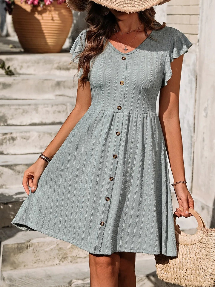 V - Neck Ruffled Cap Sleeve Dress - VeauBeauty