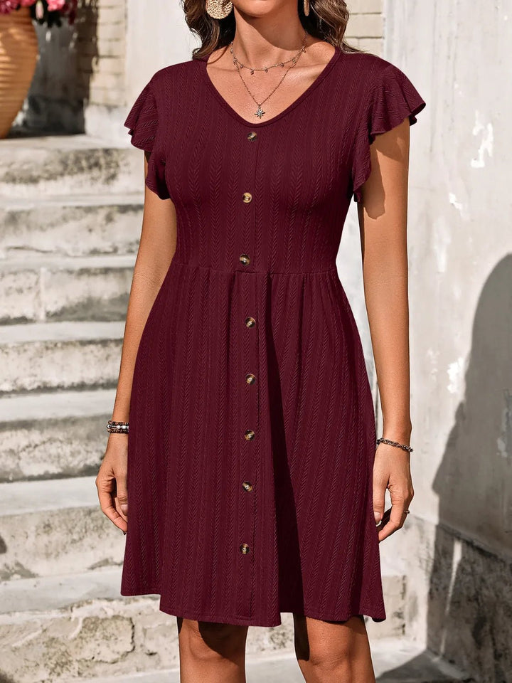 V - Neck Ruffled Cap Sleeve Dress - VeauBeauty