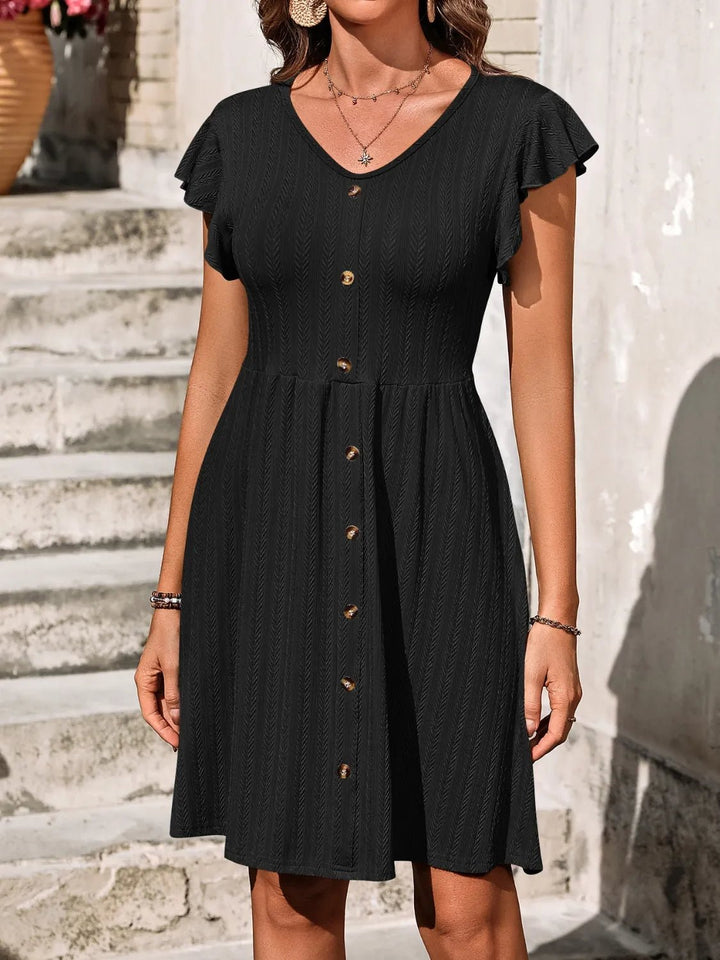 V - Neck Ruffled Cap Sleeve Dress - VeauBeauty
