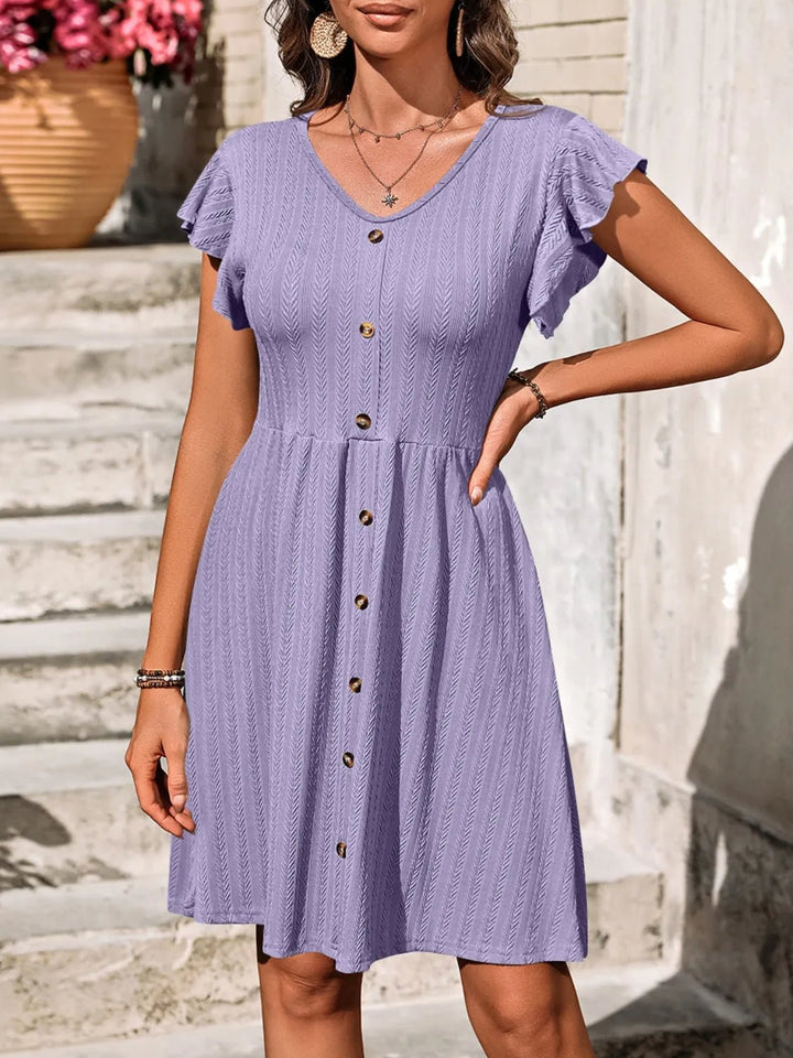 V - Neck Ruffled Cap Sleeve Dress - VeauBeauty