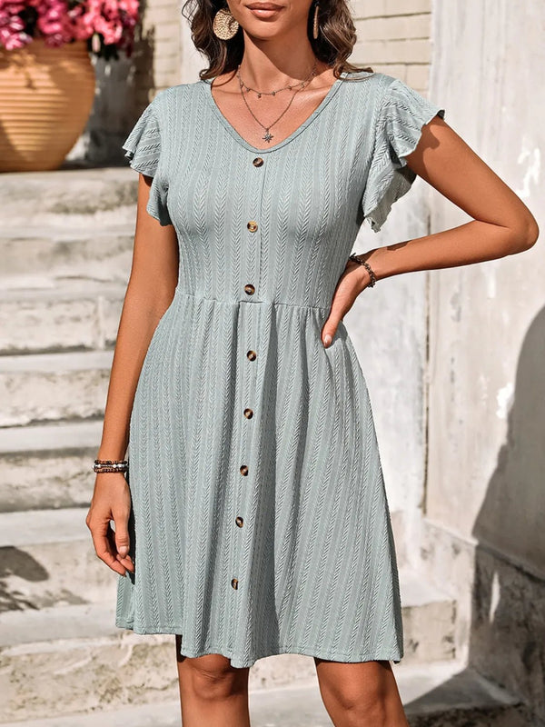 V - Neck Ruffled Cap Sleeve Dress - VeauBeauty