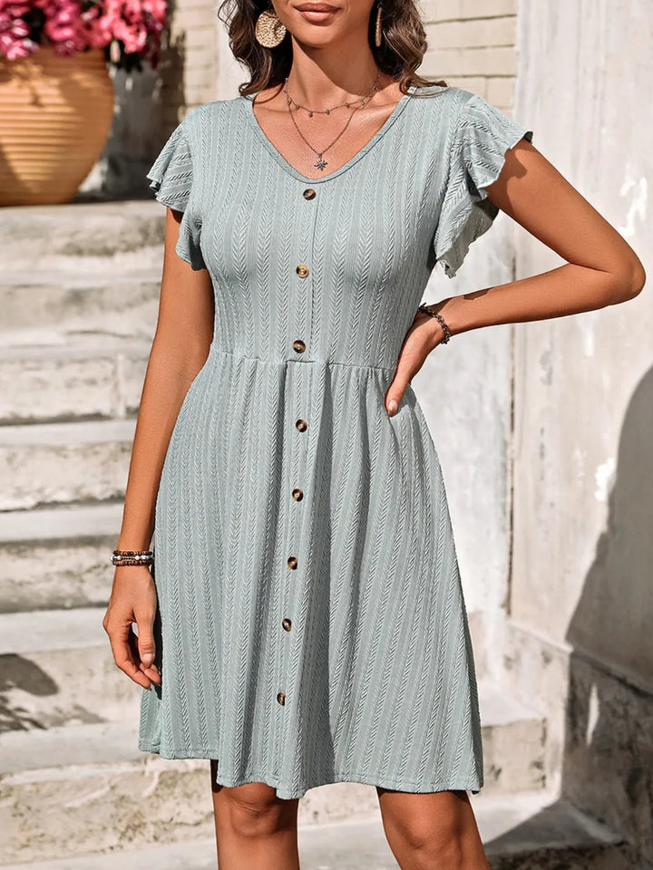 V - Neck Ruffled Cap Sleeve Dress - VeauBeauty