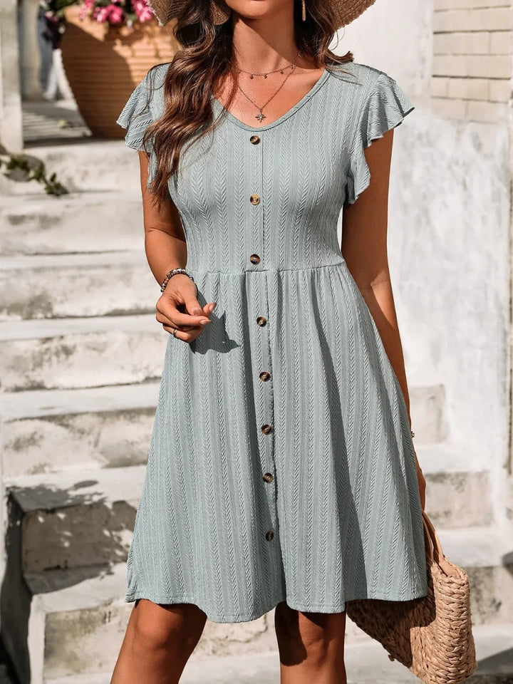 V - Neck Ruffled Cap Sleeve Dress - VeauBeauty