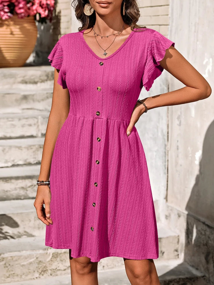 V - Neck Ruffled Cap Sleeve Dress - VeauBeauty