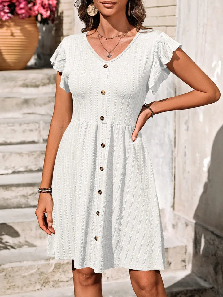 V - Neck Ruffled Cap Sleeve Dress - VeauBeauty