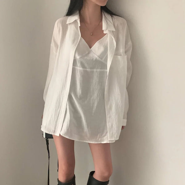 V - Neck Sling Dress & Shirt Set – Two - Piece Casual Korean Style - VeauBeauty