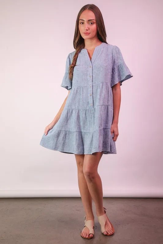 VERY J Mineral Washed Baby Bell Sleeve Woven Mini Dress - VeauBeauty