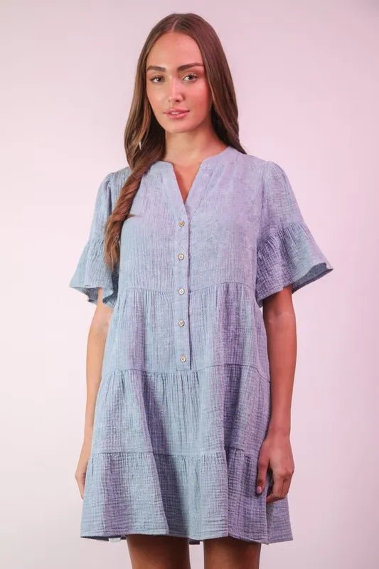 VERY J Mineral Washed Baby Bell Sleeve Woven Mini Dress - VeauBeauty