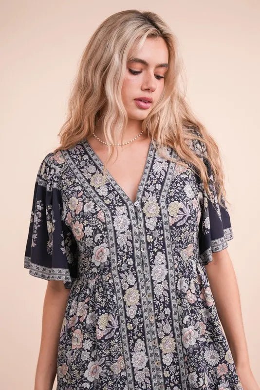 VERY J Shirring Detail Printed Woven Mini Dress - VeauBeauty