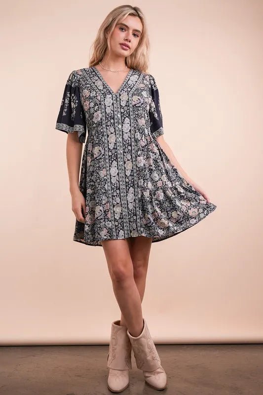 VERY J Shirring Detail Printed Woven Mini Dress - VeauBeauty