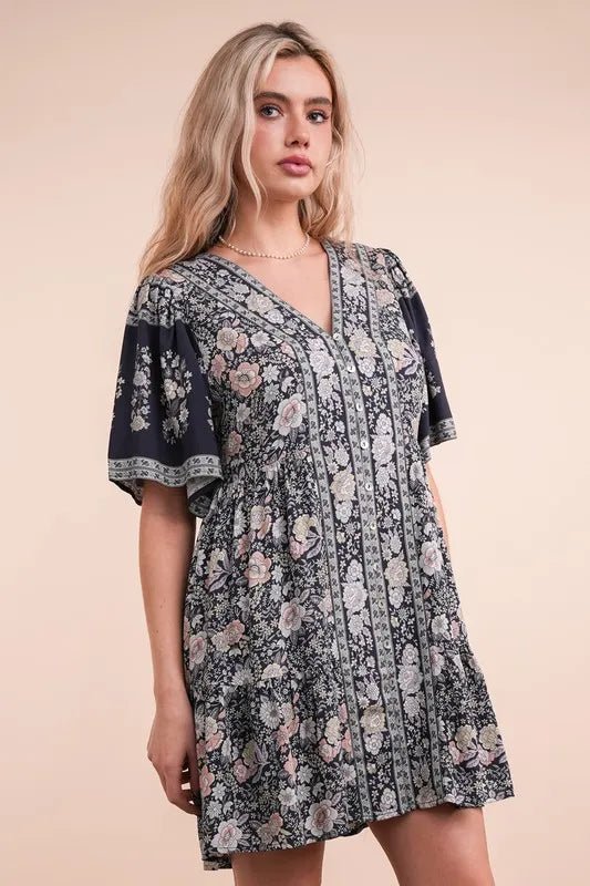 VERY J Shirring Detail Printed Woven Mini Dress - VeauBeauty