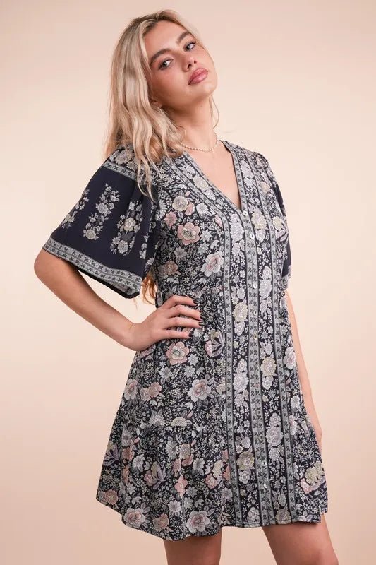 VERY J Shirring Detail Printed Woven Mini Dress - VeauBeauty