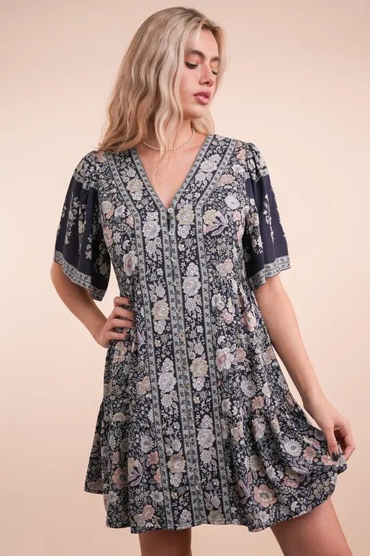 VERY J Shirring Detail Printed Woven Mini Dress - VeauBeauty