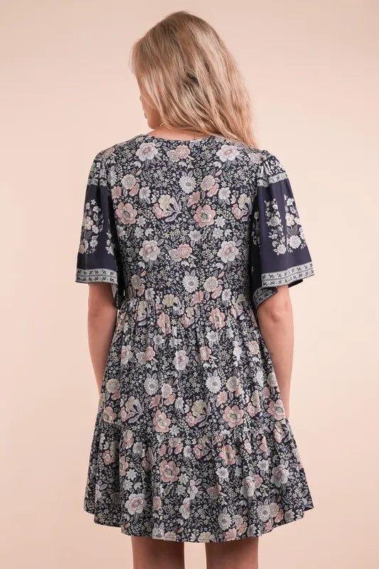 VERY J Shirring Detail Printed Woven Mini Dress - VeauBeauty