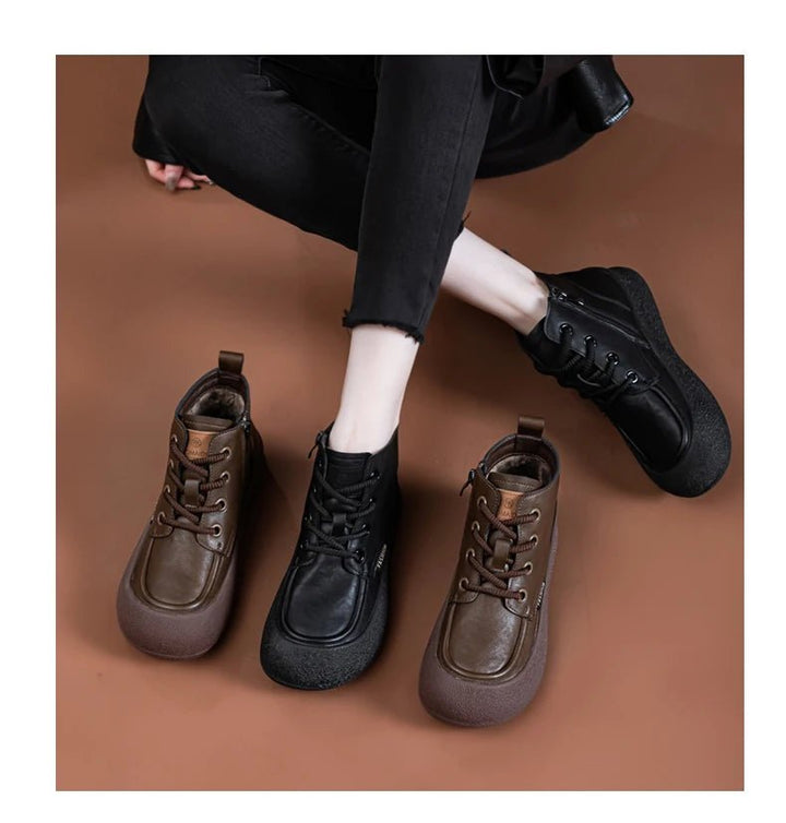 Vintage Flat Ankle Boots – Lace - Up Round Toe Leather Booties for Women - VeauBeauty