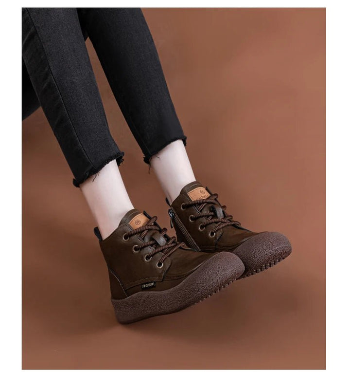 Vintage Flat Ankle Boots – Lace - Up Round Toe Leather Booties for Women - VeauBeauty
